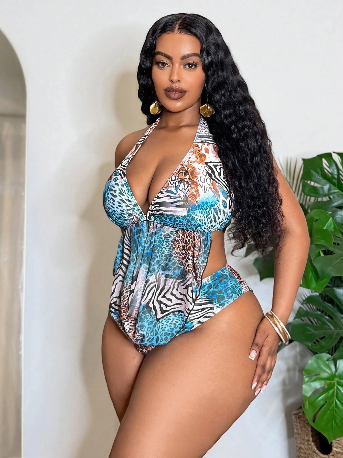 Slaydiva Plus Size Animal Print Beach Swimwear Set