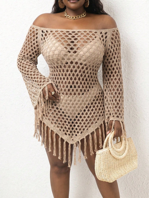 Slaydiva Plus Size Off-Shoulder Fringed Knit Cover Up