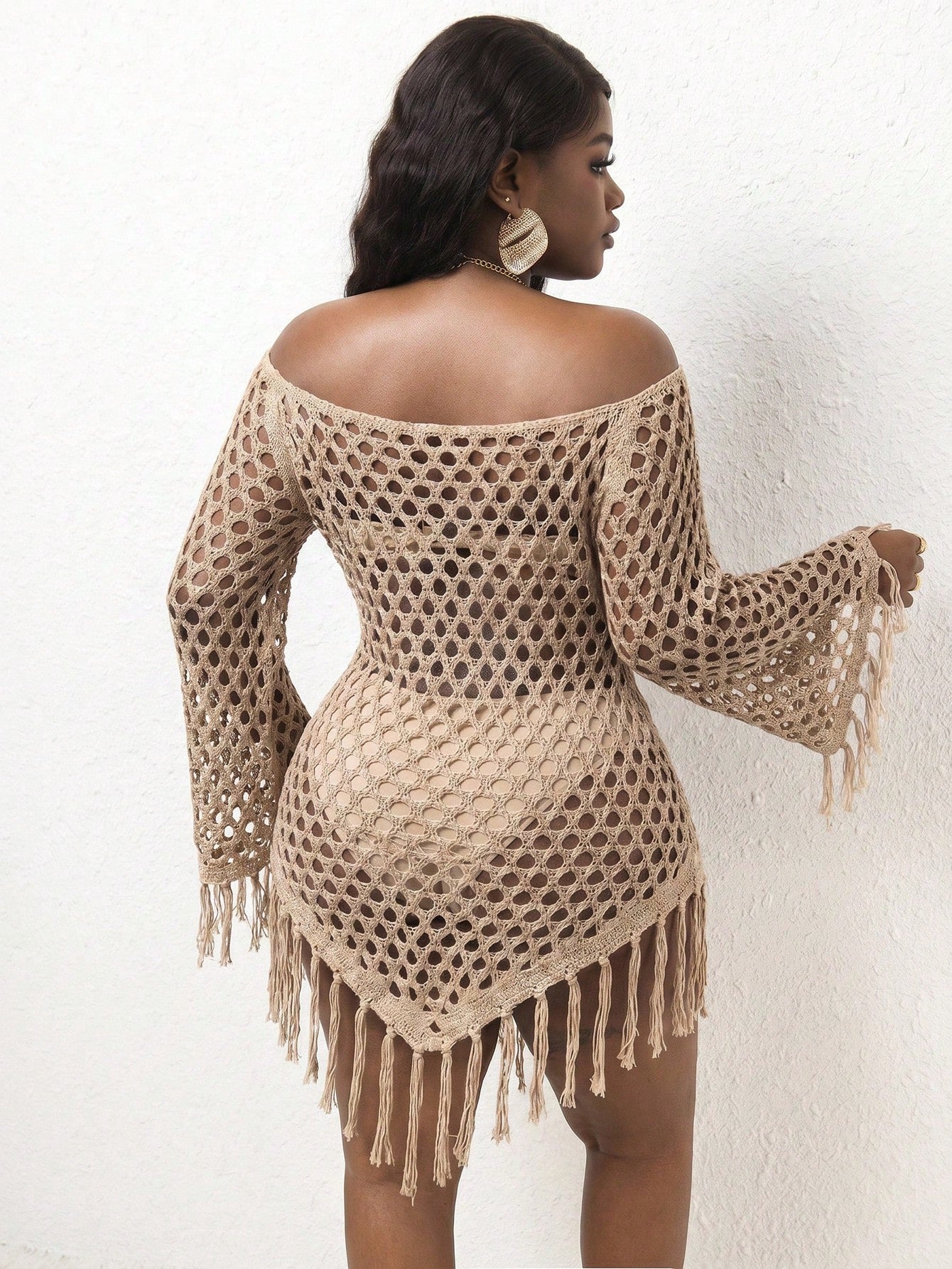 Slaydiva Plus Size Off-Shoulder Fringed Knit Cover Up