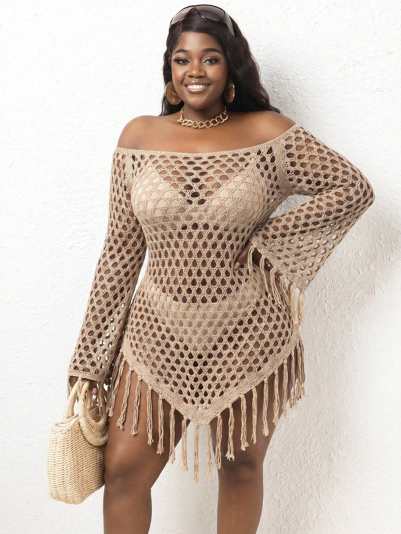 Slaydiva Plus Size Off-Shoulder Fringed Knit Cover Up
