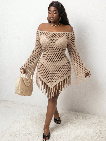 Slaydiva Plus Size Off-Shoulder Fringed Knit Cover Up