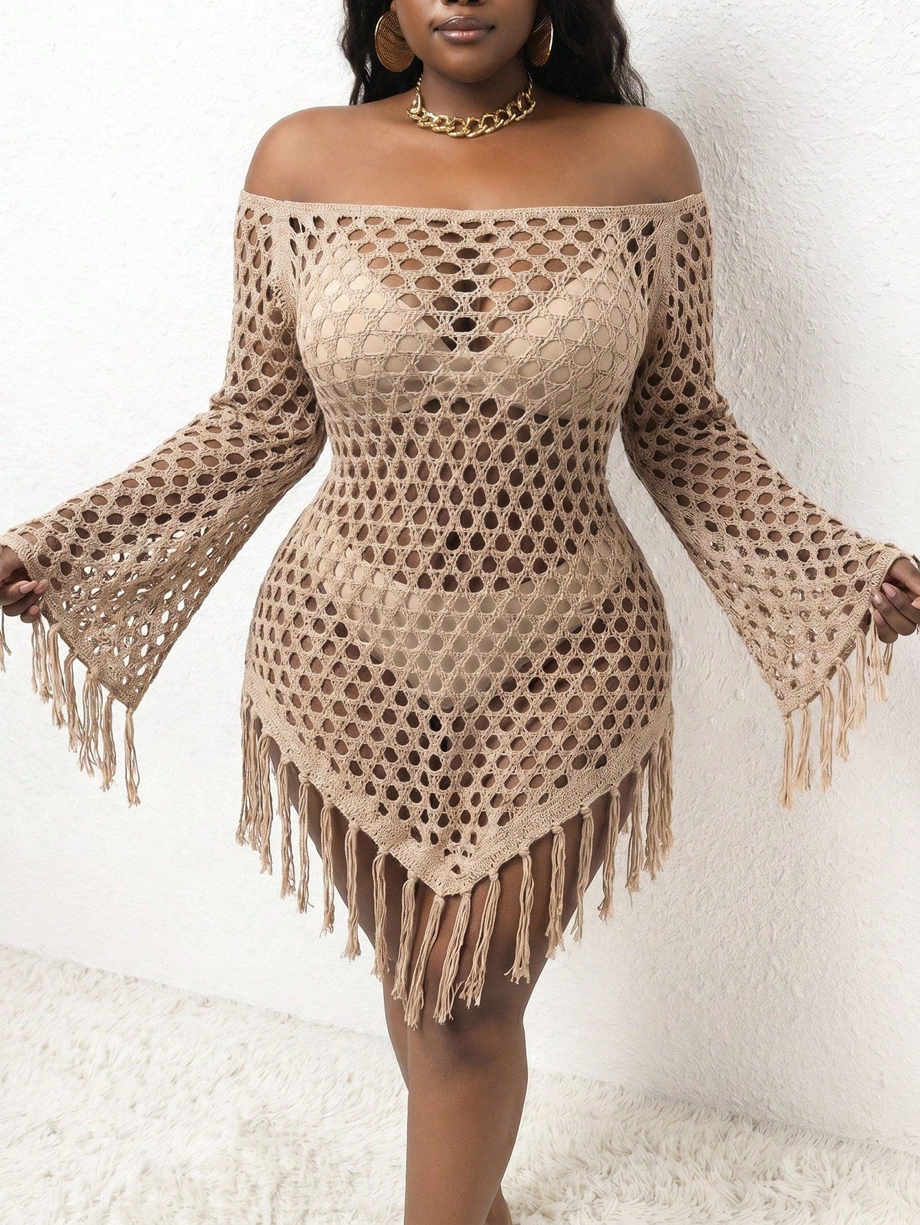 Slaydiva Plus Size Off-Shoulder Fringed Knit Cover Up
