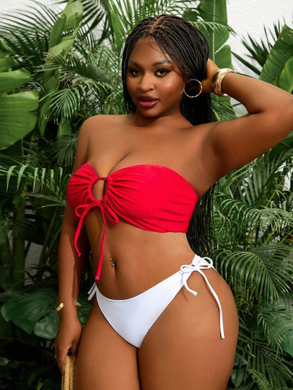 Slaydiva Plus Size Sexy Animal Print Bustier Top With Drawstring, Swimwear For Summer Beach Vacation