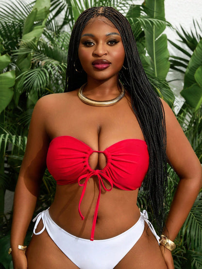 Slaydiva Plus Size Sexy Animal Print Bustier Top With Drawstring, Swimwear For Summer Beach Vacation