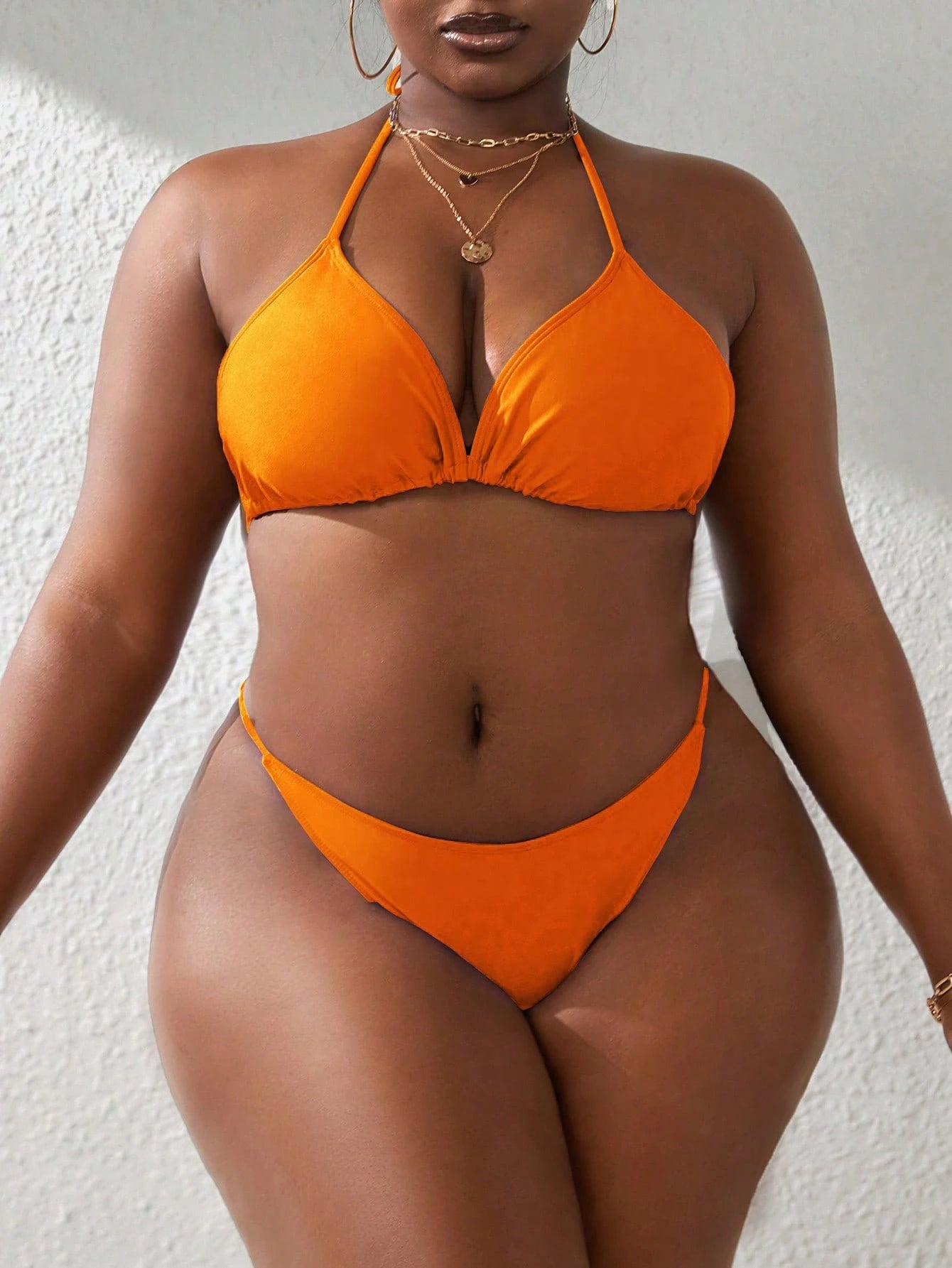 Slaydiva Plus Size Solid Color Bell Sleeve Drawstring Ruched 4Pcs Tankini Swimwear Set, For Summer Beach