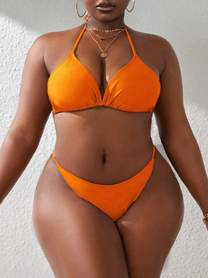 Slaydiva Plus Size Solid Color Bell Sleeve Drawstring Ruched 4Pcs Tankini Swimwear Set, For Summer Beach
