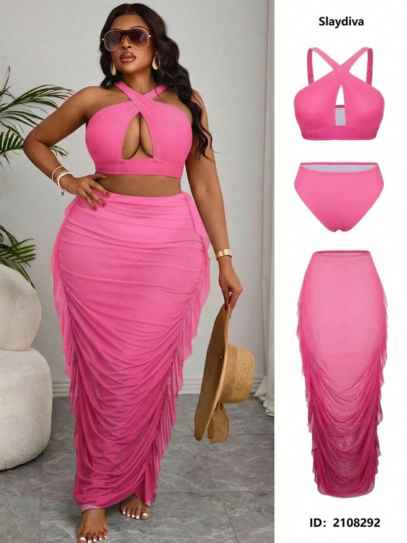 Slaydiva Plus Size Solid Color Bikini Swimwear Cover Up & Skirt Set, Vacation & Beach