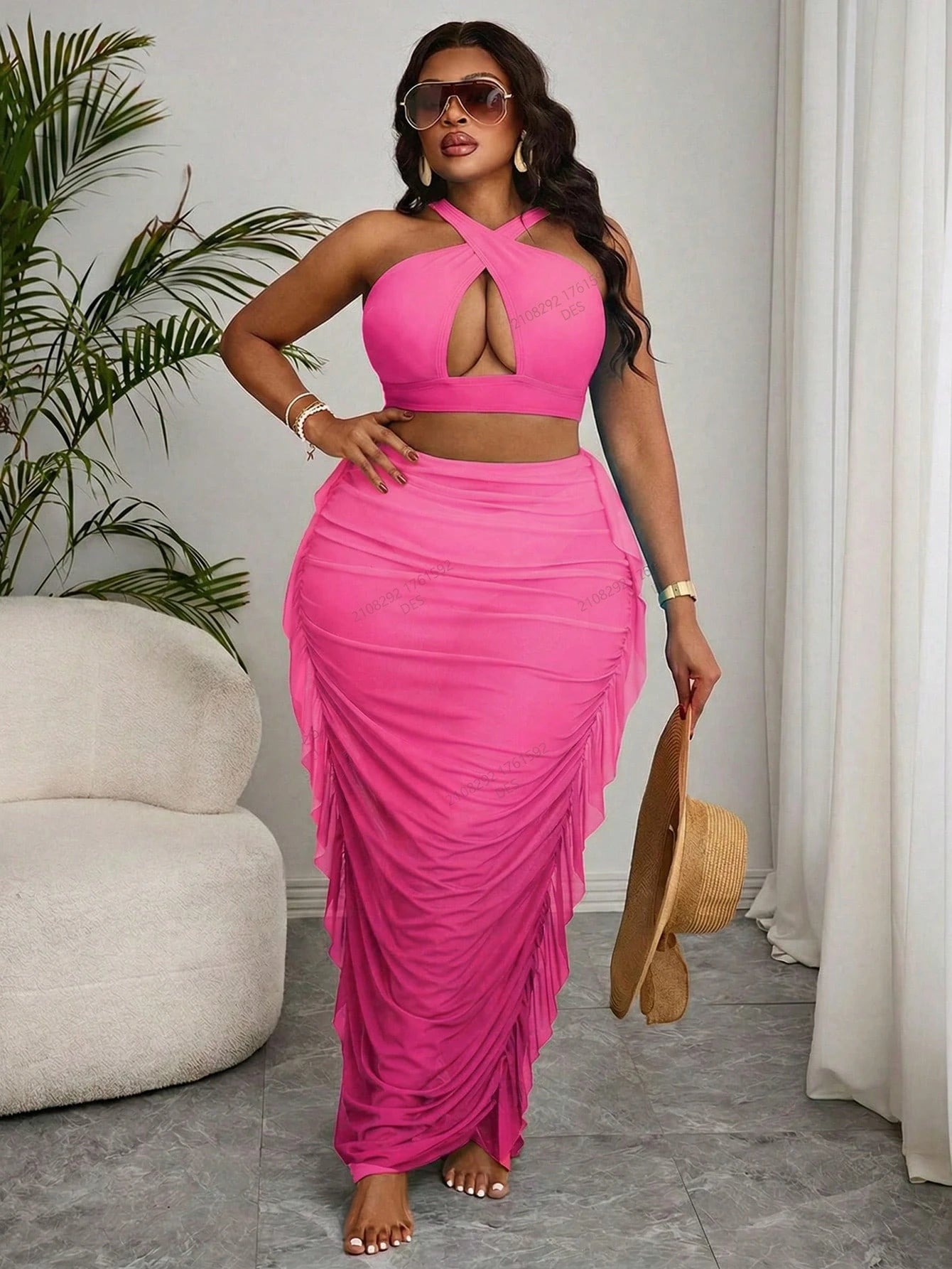 Slaydiva Plus Size Solid Color Bikini Swimwear Cover Up & Skirt Set, Vacation & Beach