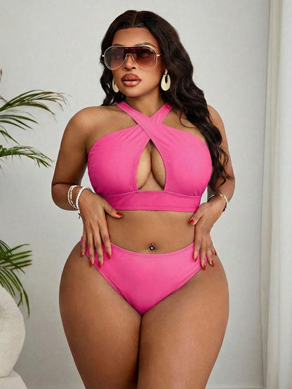 Slaydiva Plus Size Solid Color Bikini Swimwear Cover Up & Skirt Set, Vacation & Beach