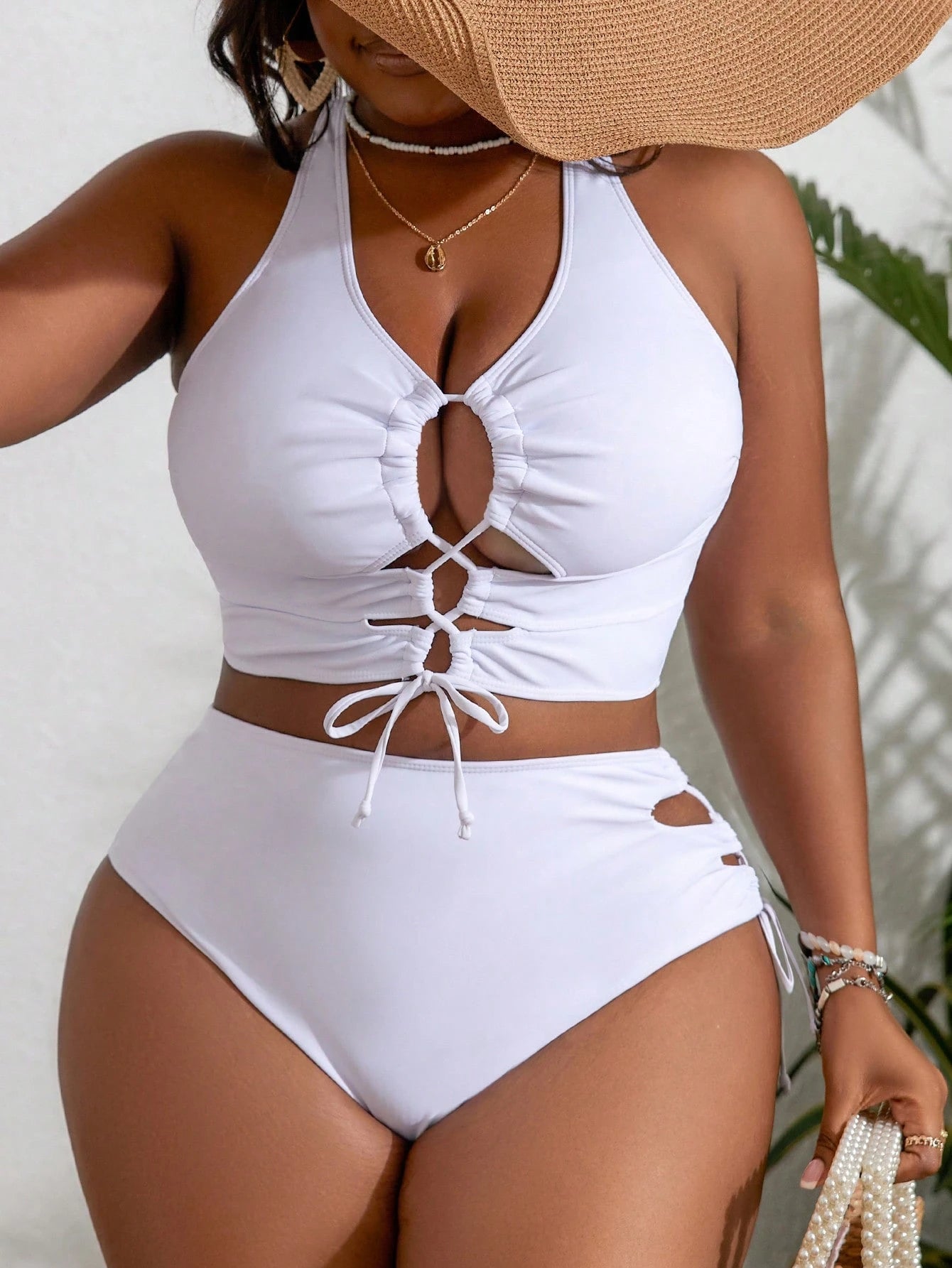 Slaydiva Plus Size Solid Color Cross Back Lace-Up Hollow Simple Casual Swimwear Set Summer