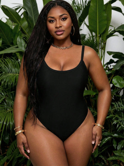 Slaydiva Plus Size Solid Color Spaghetti Strap One-Piece Swimsuit, Vacation & Beach For Summer