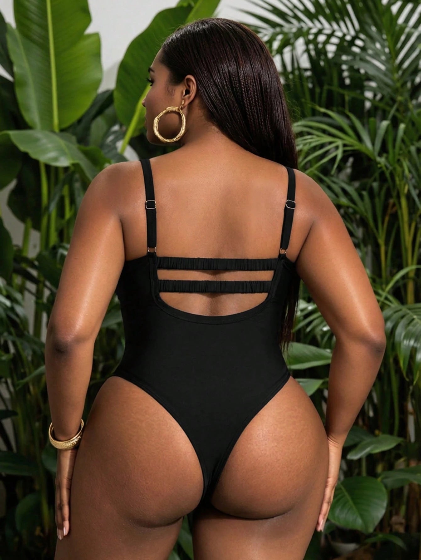 Slaydiva Plus Size Solid Color Spaghetti Strap One-Piece Swimsuit, Vacation & Beach For Summer