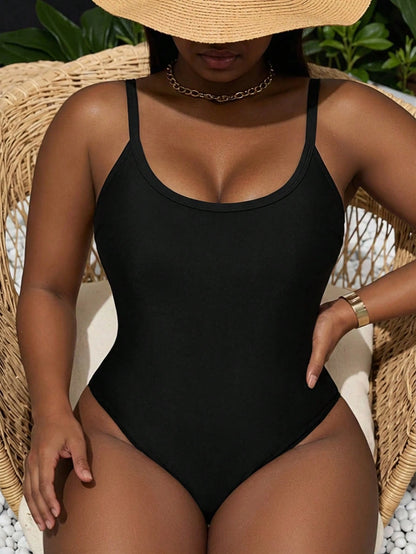 Slaydiva Plus Size Solid Color Spaghetti Strap One-Piece Swimsuit, Vacation & Beach For Summer