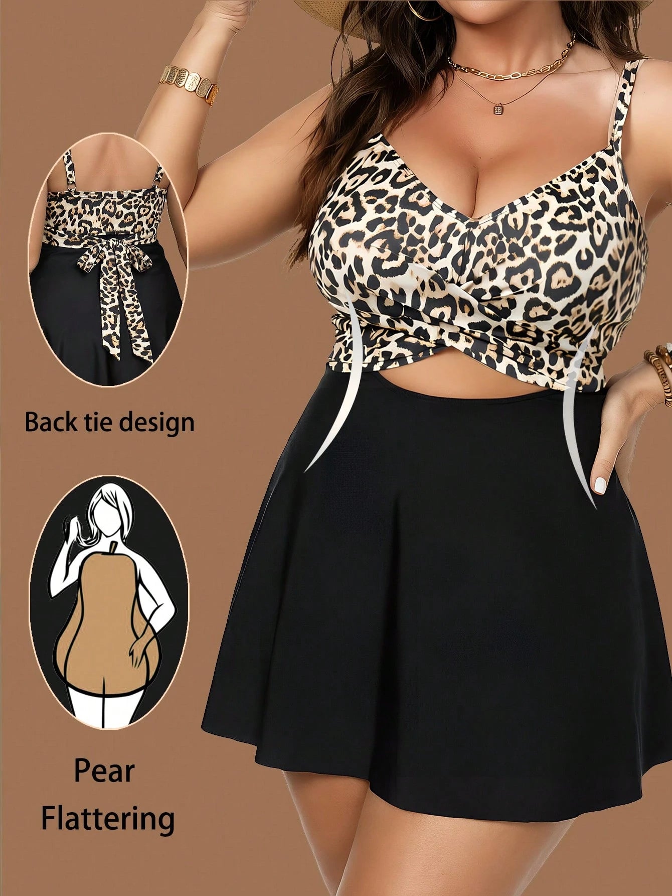 Slaydiva Plus Size Women Leopard Print Adjustable Strap Swimsuit Dress