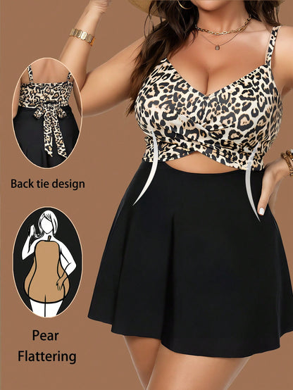 Slaydiva Plus Size Women Leopard Print Adjustable Strap Swimsuit Dress