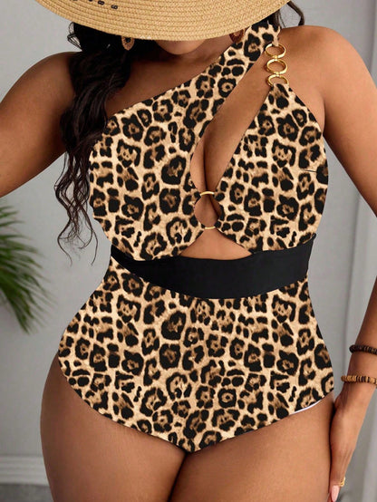 Slaydiva Plus Size Women Leopard Print Halter Metal Decor Sexy One-Piece Swimsuit For Summer Beach Vacation