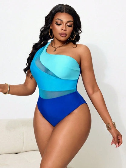 Slaydiva Plus Size Women One-Piece Swimsuit,Light Blue Mesh Patchwork Asymmetric Design Summer Beach Holiday Outfit,Classy Solid Color Vacation Swimwear
