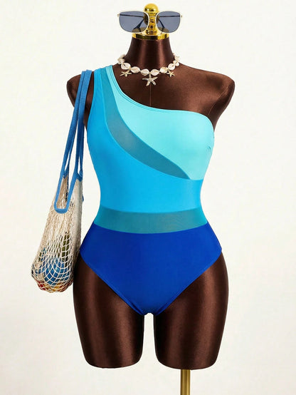Slaydiva Plus Size Women One-Piece Swimsuit,Light Blue Mesh Patchwork Asymmetric Design Summer Beach Holiday Outfit,Classy Solid Color Vacation Swimwear