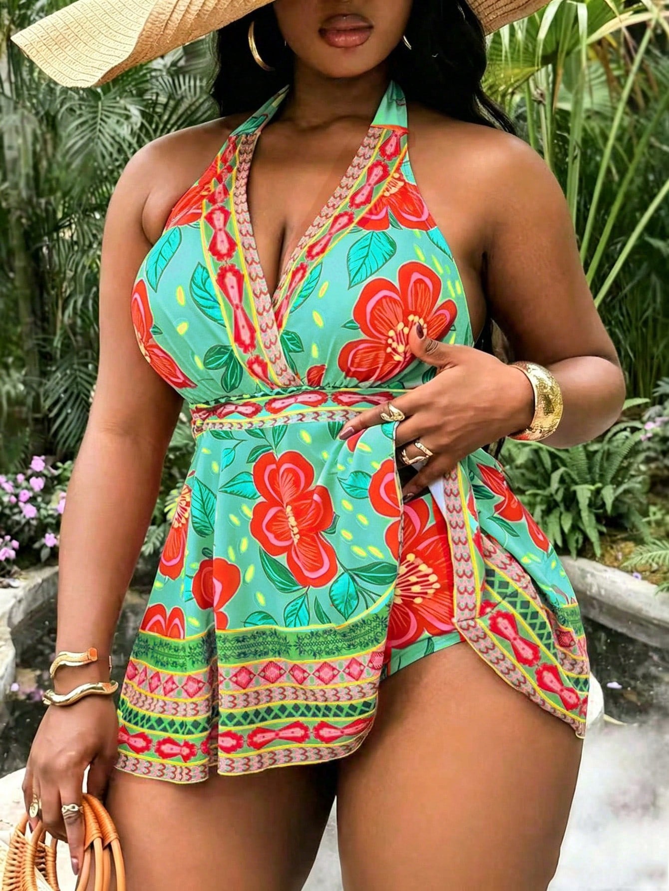 Slaydiva Plus Size Women's 2-Piece Orange Floral Print Swimsuit, 2026 New Arrival Fashionable Vacation & Everyday Casual Loose High Waist Triangle Bikini Modest Criss-Cross Halter Tankini Set