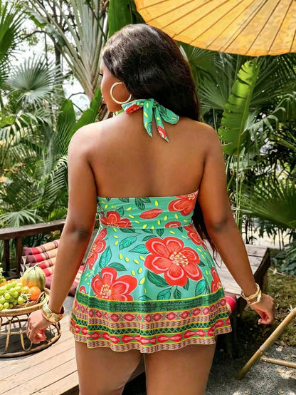 Slaydiva Plus Size Women's 2-Piece Orange Floral Print Swimsuit, 2026 New Arrival Fashionable Vacation & Everyday Casual Loose High Waist Triangle Bikini Modest Criss-Cross Halter Tankini Set
