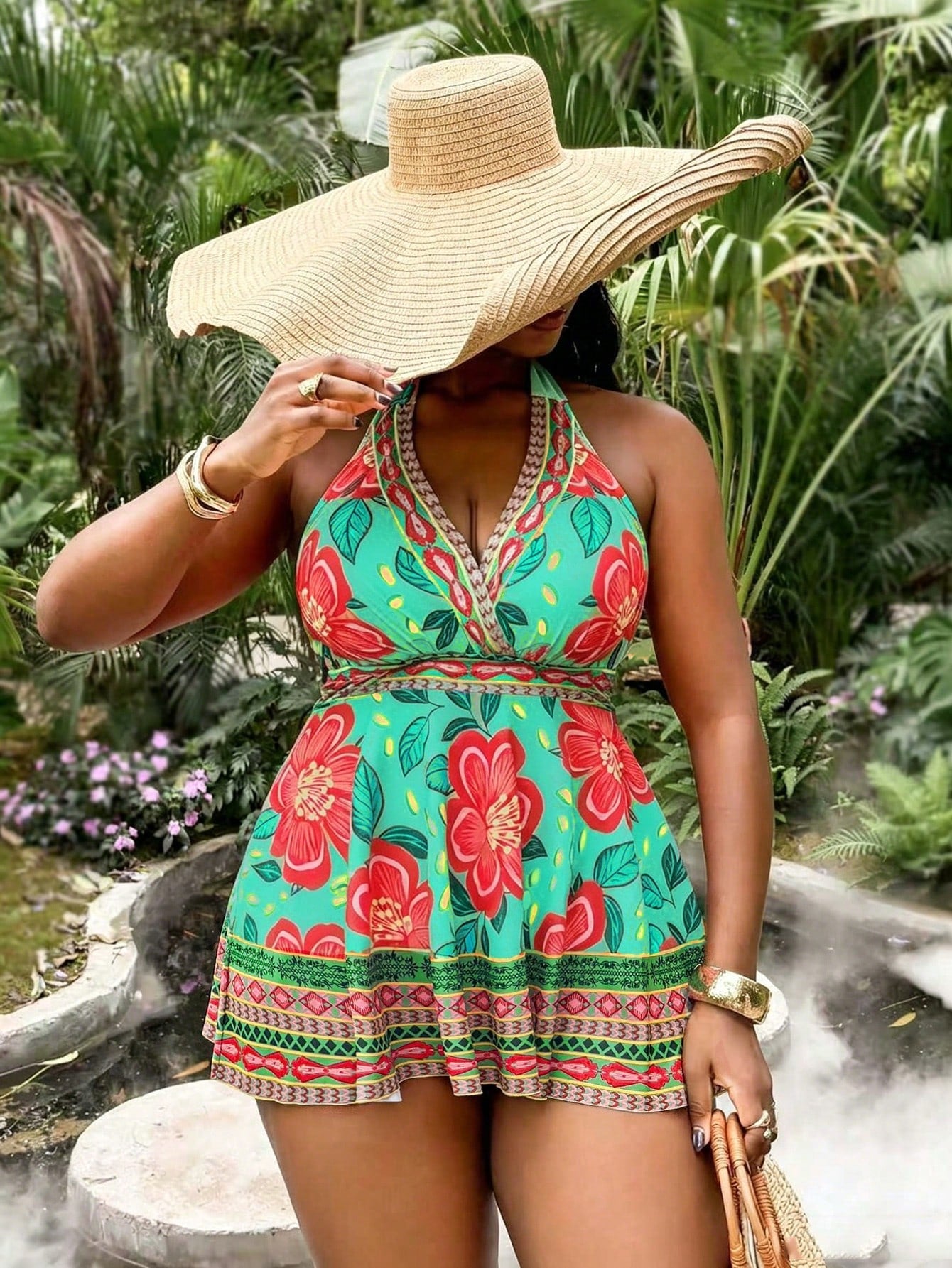 Slaydiva Plus Size Women's 2-Piece Orange Floral Print Swimsuit, 2026 New Arrival Fashionable Vacation & Everyday Casual Loose High Waist Triangle Bikini Modest Criss-Cross Halter Tankini Set