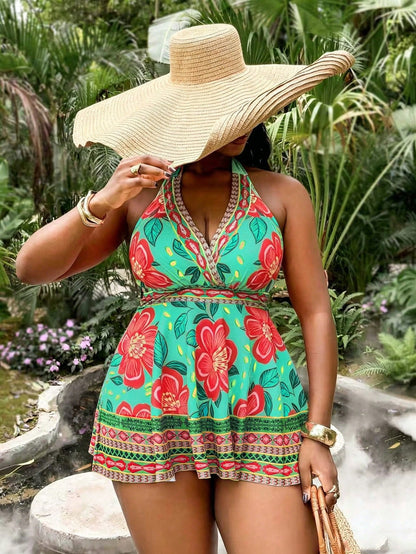 Slaydiva Plus Size Women's 2-Piece Orange Floral Print Swimsuit, 2026 New Arrival Fashionable Vacation & Everyday Casual Loose High Waist Triangle Bikini Modest Criss-Cross Halter Tankini Set