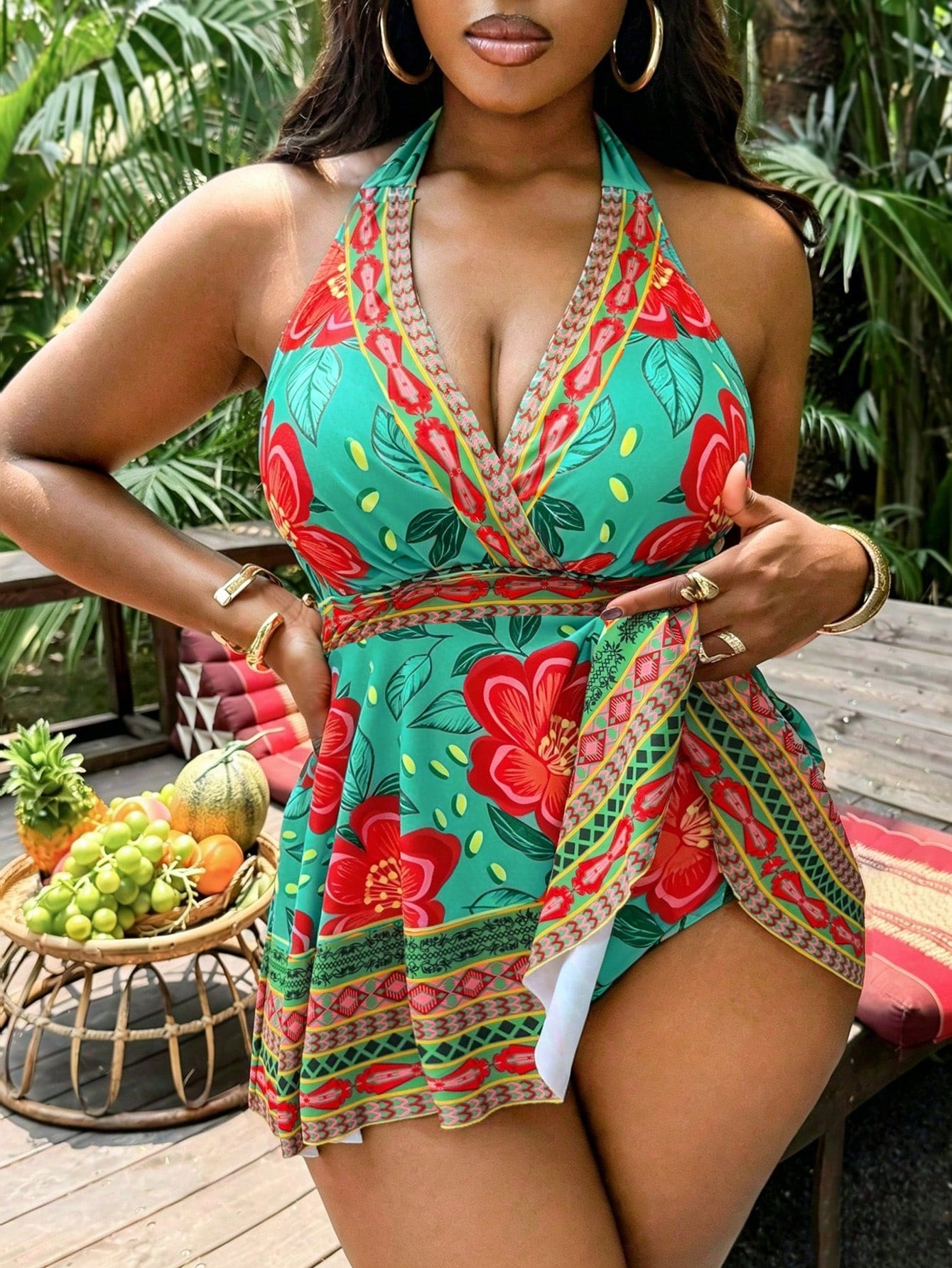 Slaydiva Plus Size Women's 2-Piece Orange Floral Print Swimsuit, 2026 New Arrival Fashionable Vacation & Everyday Casual Loose High Waist Triangle Bikini Modest Criss-Cross Halter Tankini Set