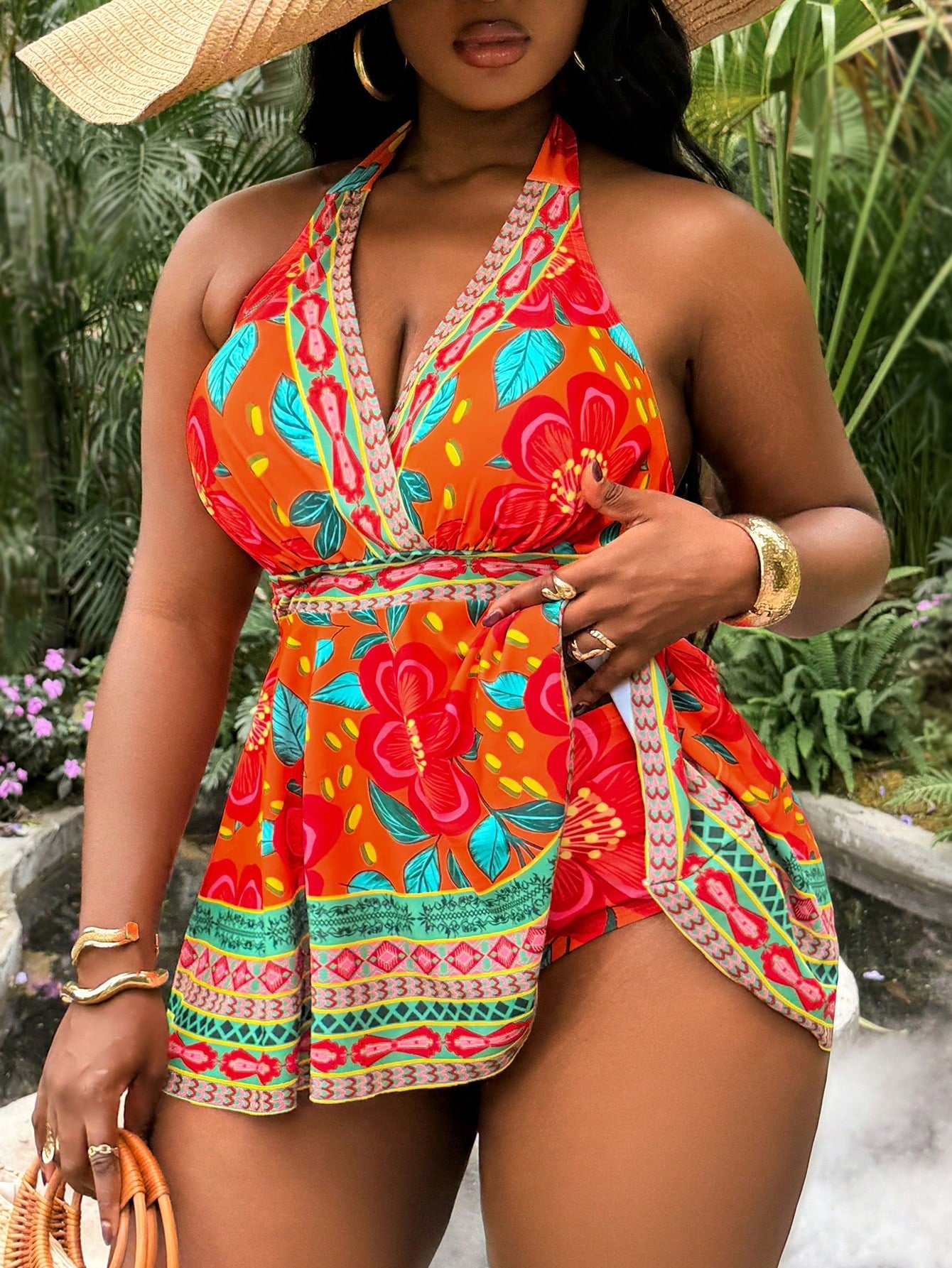 Slaydiva Plus Size Women's 2-Piece Orange Floral Print Swimsuit, 2026 New Arrival Fashionable Vacation & Everyday Casual Loose High Waist Triangle Bikini Modest Criss-Cross Halter Tankini Set