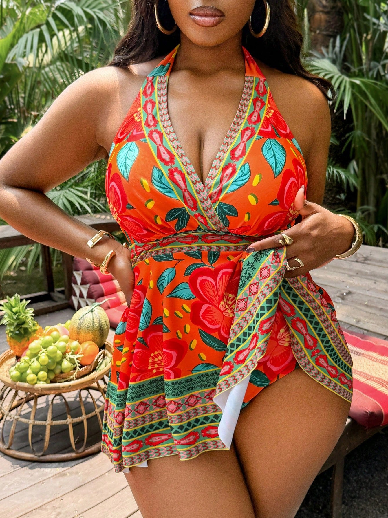 Slaydiva Plus Size Women's 2-Piece Orange Floral Print Swimsuit, 2026 New Arrival Fashionable Vacation & Everyday Casual Loose High Waist Triangle Bikini Modest Criss-Cross Halter Tankini Set