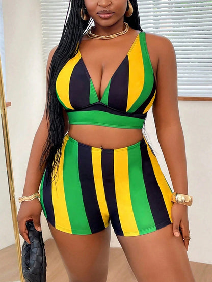 Slaydiva Plus Size Women's 2pcs Set Striped & Graphic Print V Neck Tankini Top With High Waist Swim Shorts, Summer Beach Vacation