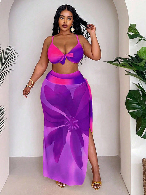 Slaydiva Plus Size Women's 3 Pieces Set,Purple Ombre Print Stylish Skirt,High Waisted Panty,Summer Beach Vacation Holiday Split Bikini Set For Summer