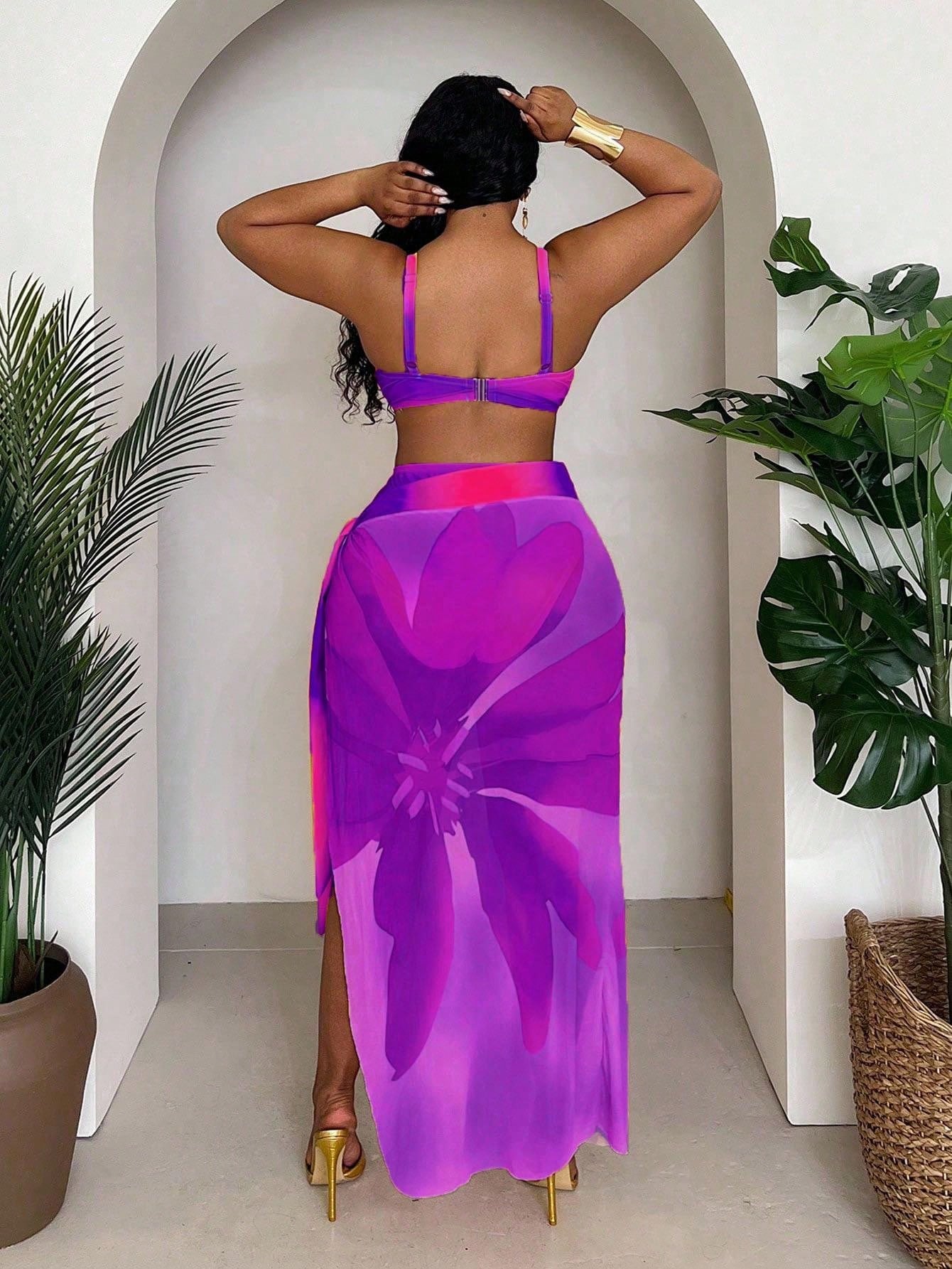 Slaydiva Plus Size Women's 3 Pieces Set,Purple Ombre Print Stylish Skirt,High Waisted Panty,Summer Beach Vacation Holiday Split Bikini Set For Summer