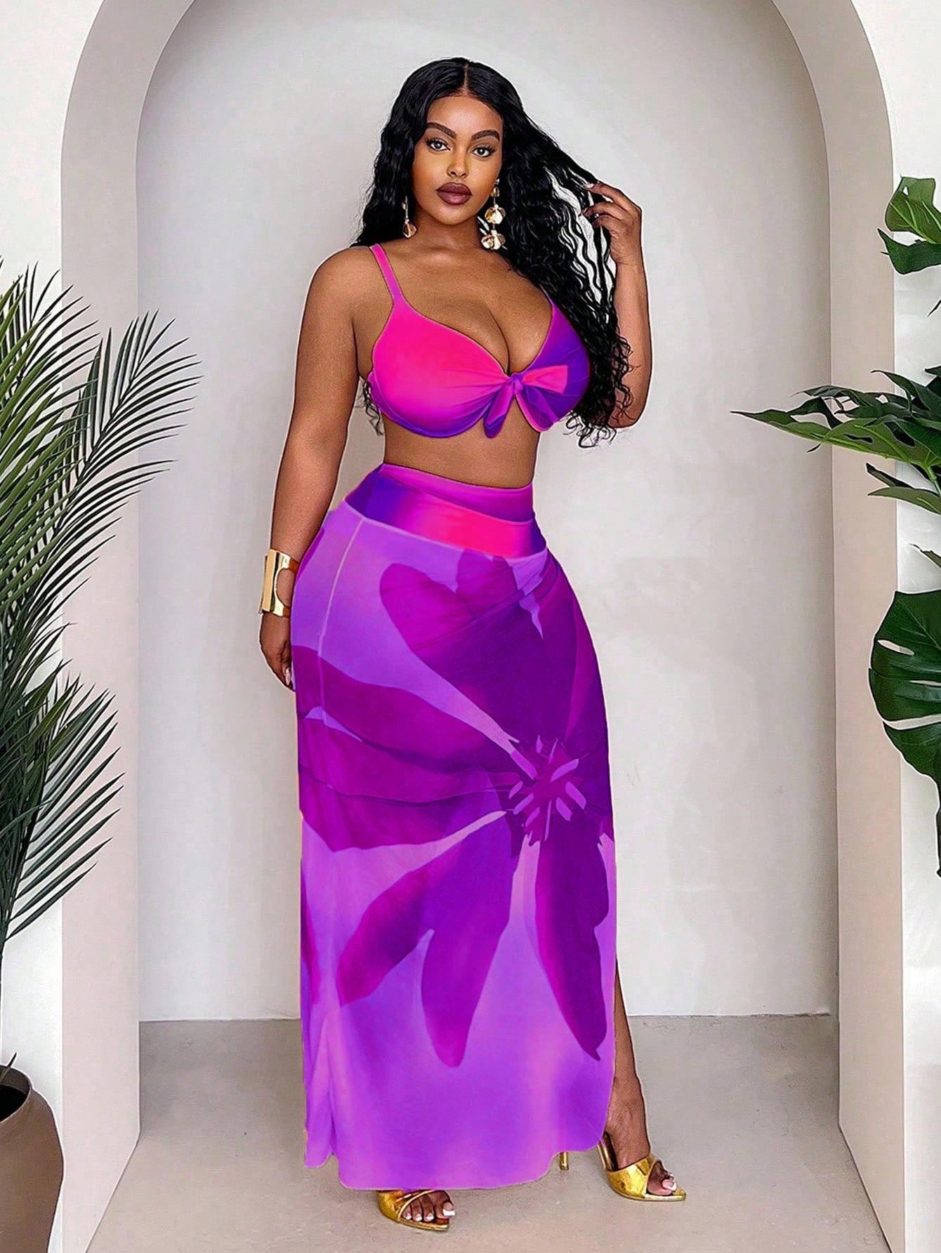 Slaydiva Plus Size Women's 3 Pieces Set,Purple Ombre Print Stylish Skirt,High Waisted Panty,Summer Beach Vacation Holiday Split Bikini Set For Summer