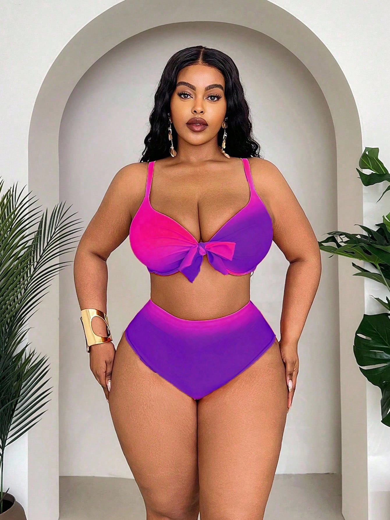 Slaydiva Plus Size Women's 3 Pieces Set,Purple Ombre Print Stylish Skirt,High Waisted Panty,Summer Beach Vacation Holiday Split Bikini Set For Summer