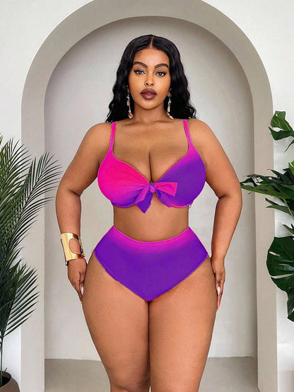 Slaydiva Plus Size Women's 3 Pieces Set,Purple Ombre Print Stylish Skirt,High Waisted Panty,Summer Beach Vacation Holiday Split Bikini Set For Summer