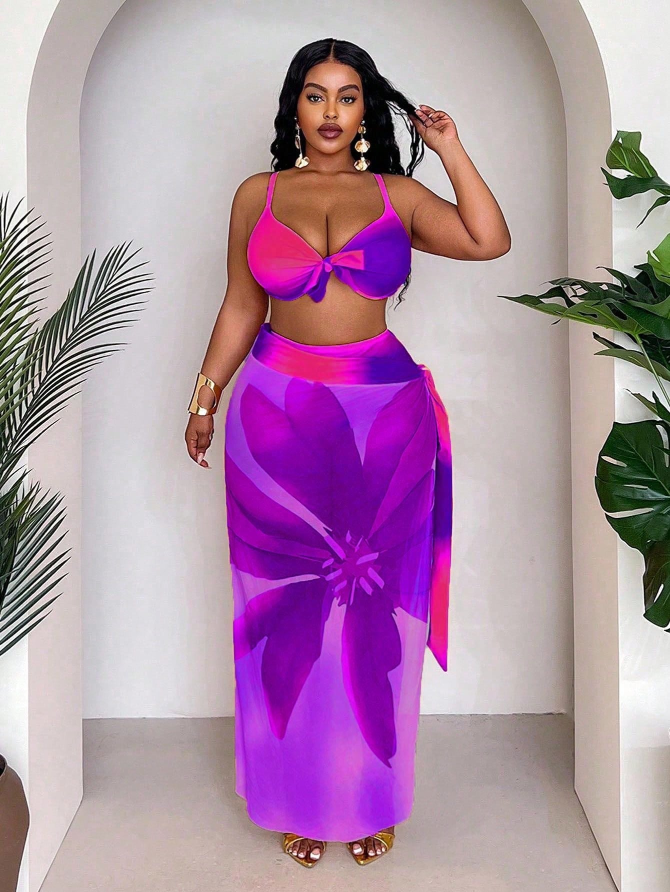 Slaydiva Plus Size Women's 3 Pieces Set,Purple Ombre Print Stylish Skirt,High Waisted Panty,Summer Beach Vacation Holiday Split Bikini Set For Summer