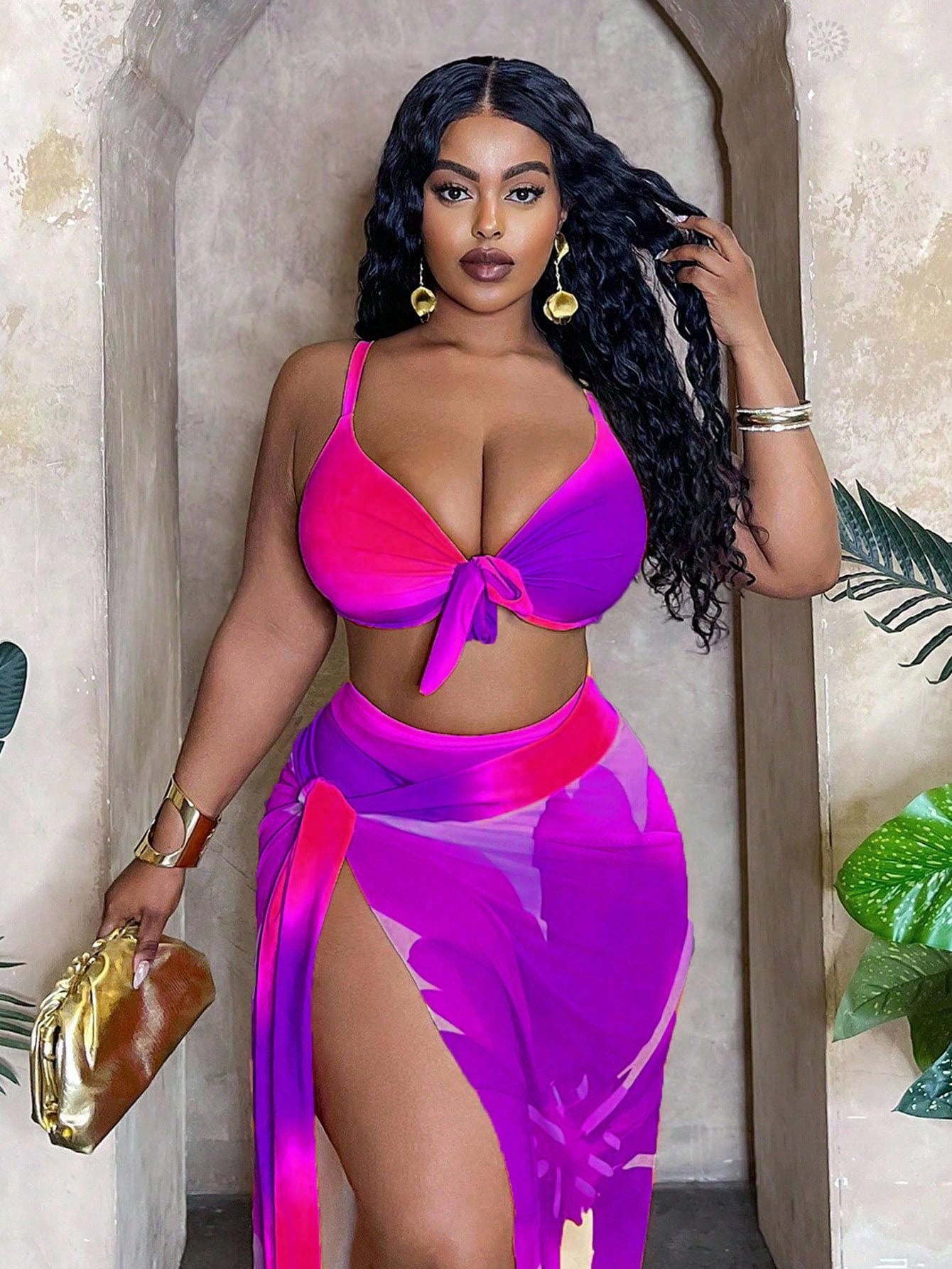 Slaydiva Plus Size Women's 3 Pieces Set,Purple Ombre Print Stylish Skirt,High Waisted Panty,Summer Beach Vacation Holiday Split Bikini Set For Summer