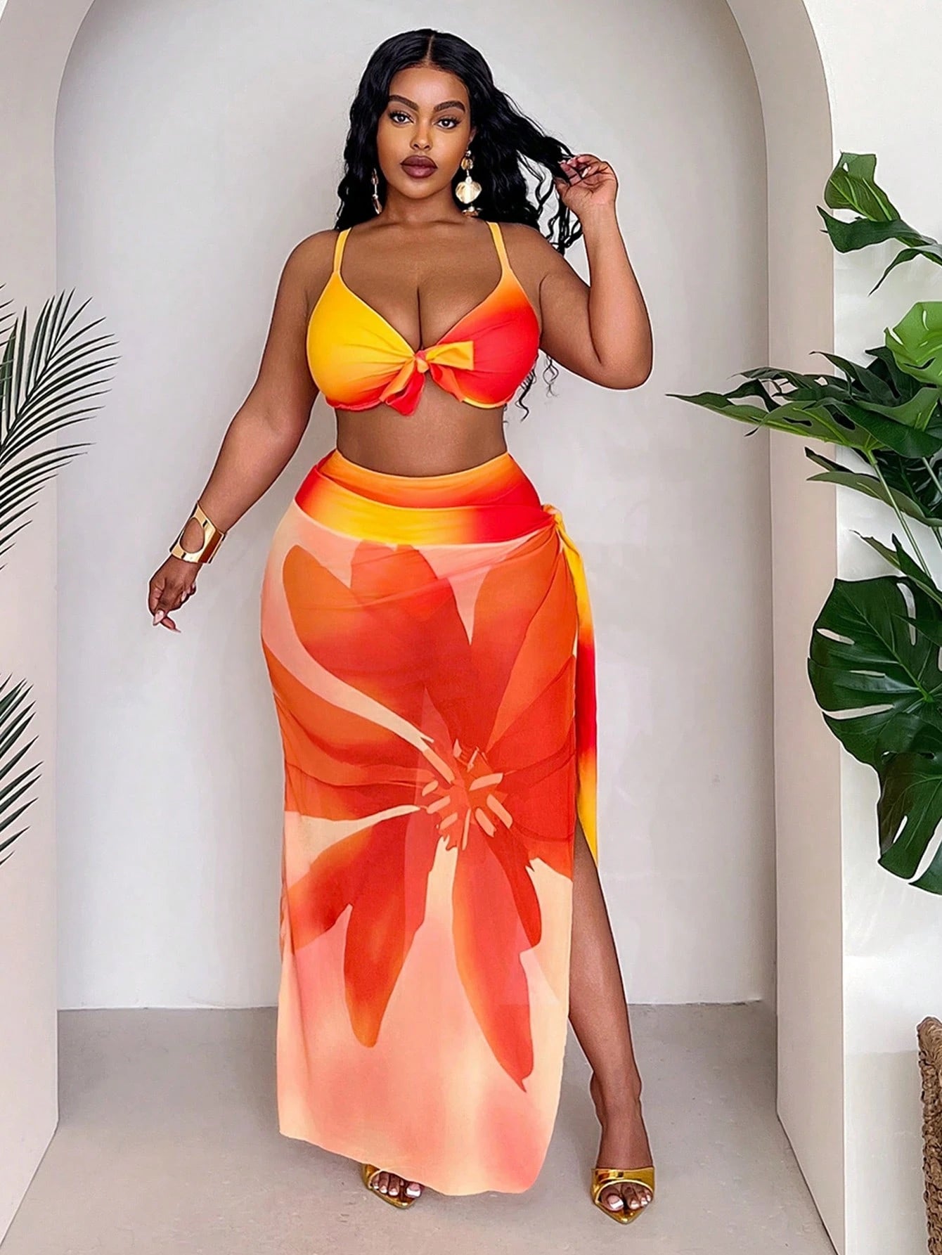 Slaydiva Plus Size Women's 3 Pieces Set,Purple Ombre Print Stylish Skirt,High Waisted Panty,Summer Beach Vacation Holiday Split Bikini Set For Summer