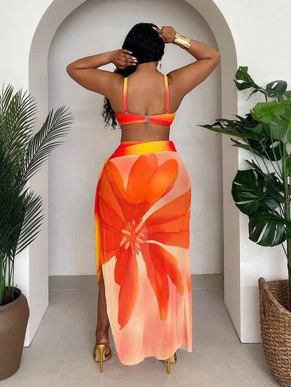 Slaydiva Plus Size Women's 3 Pieces Set,Purple Ombre Print Stylish Skirt,High Waisted Panty,Summer Beach Vacation Holiday Split Bikini Set For Summer