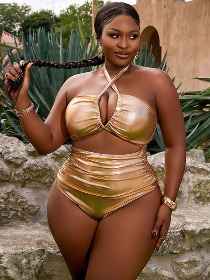 Slaydiva Plus Size Women's Sexy Metallic Foil Crisscross Halter One Piece Swimsuit Summer