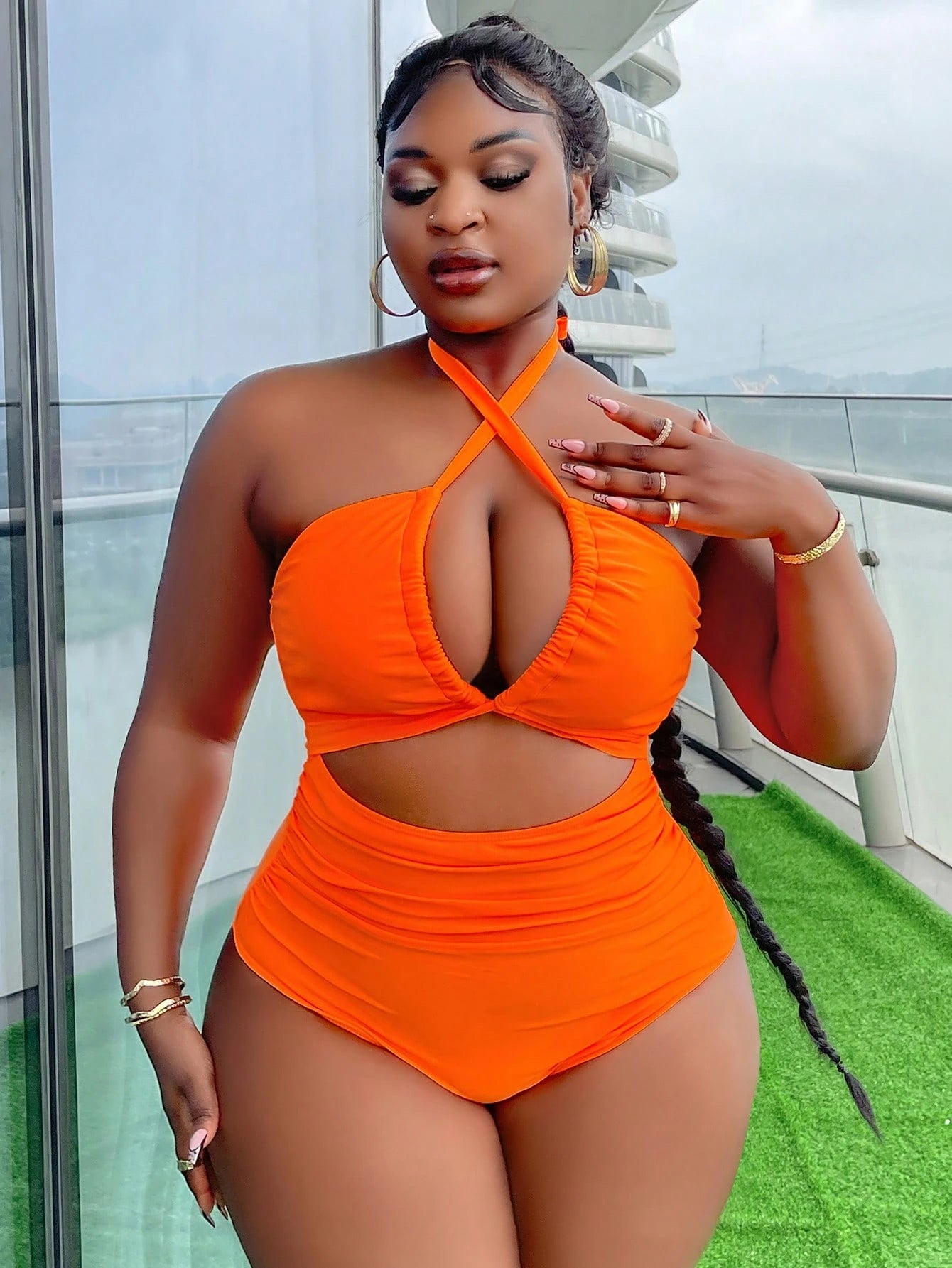 Slaydiva Plus Size Women's Sexy Metallic Foil Crisscross Halter One Piece Swimsuit Summer