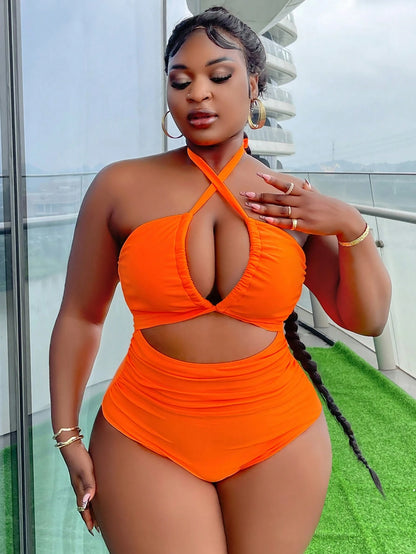 Slaydiva Plus Size Women's Sexy Metallic Foil Crisscross Halter One Piece Swimsuit Summer