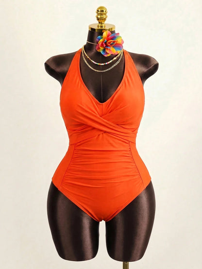 Slaydiva Plus Size Women's Solid Color Ruched Halter One-Piece Swimsuit, Suitable For Beach Vacation, Pool Party, Beach Party