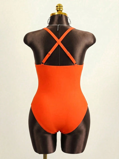 Slaydiva Plus Size Women's Solid Color Ruched Halter One-Piece Swimsuit, Suitable For Beach Vacation, Pool Party, Beach Party