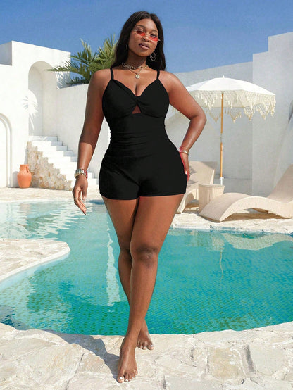 Slaydiva Plus Size Women Solid Color One-Piece Twist Ruched Front Tankini Swimsuit Vacation Black Summer