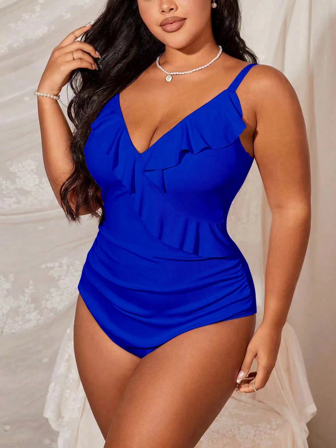 Slaydiva Plus Size Women Solid Color Ruffle Pleat Spaghetti Strap One-Piece Swimsuit For Summer Beach Vacation
