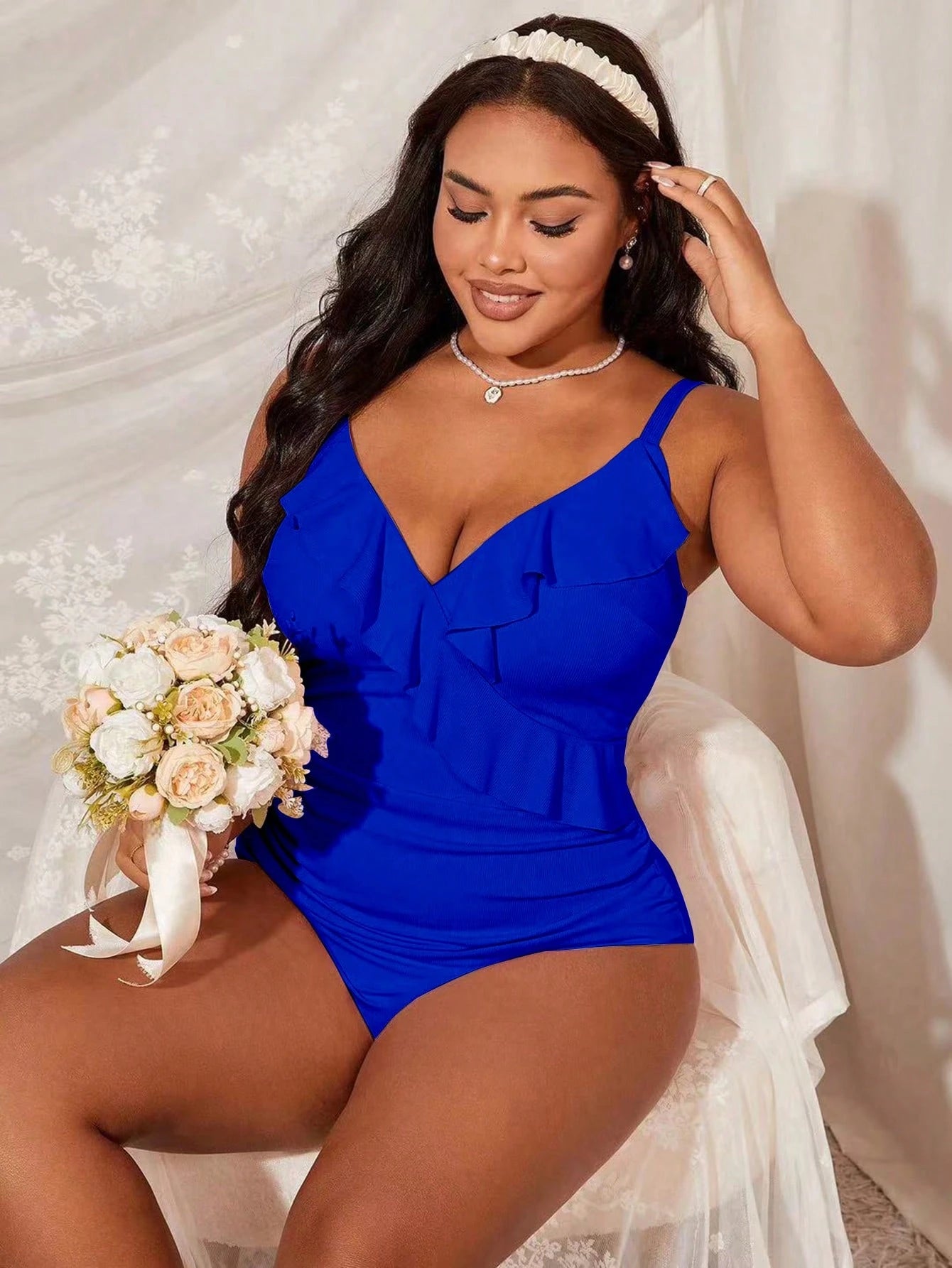 Slaydiva Plus Size Women Solid Color Ruffle Pleat Spaghetti Strap One-Piece Swimsuit For Summer Beach Vacation