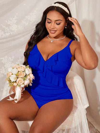 Slaydiva Plus Size Women Solid Color Ruffle Pleat Spaghetti Strap One-Piece Swimsuit For Summer Beach Vacation