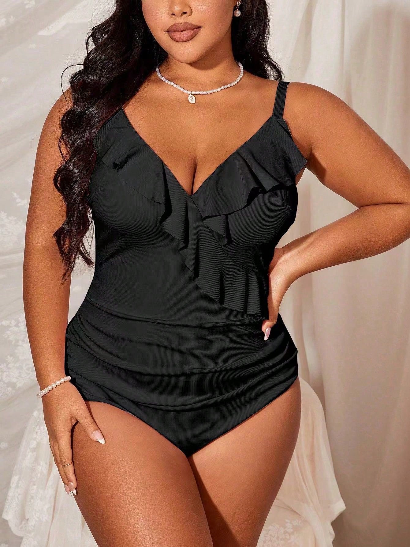 Slaydiva Plus Size Women Solid Color Ruffle Pleat Spaghetti Strap One-Piece Swimsuit For Summer Beach Vacation