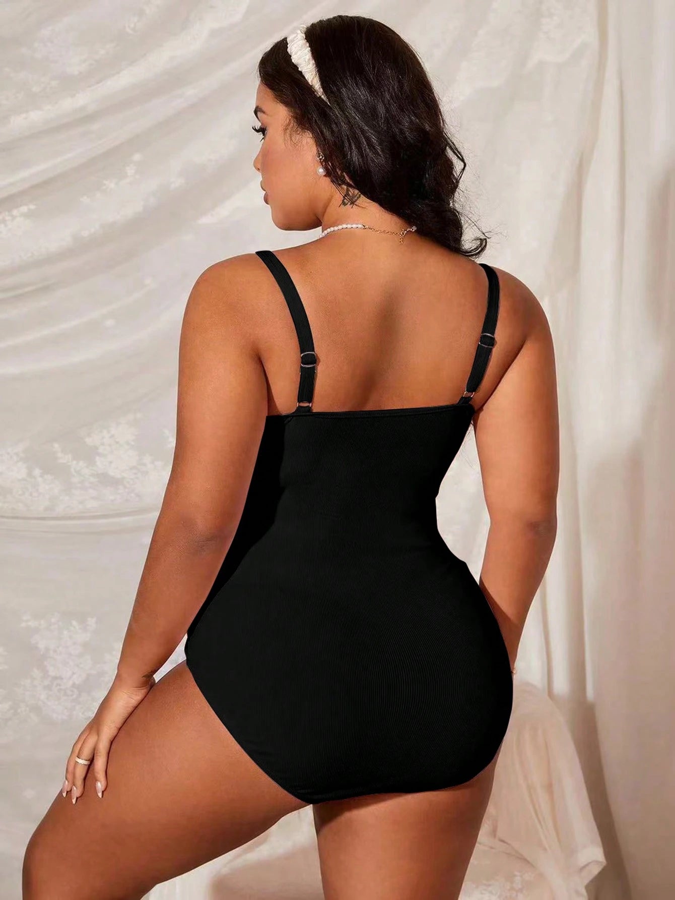 Slaydiva Plus Size Women Solid Color Ruffle Pleat Spaghetti Strap One-Piece Swimsuit For Summer Beach Vacation